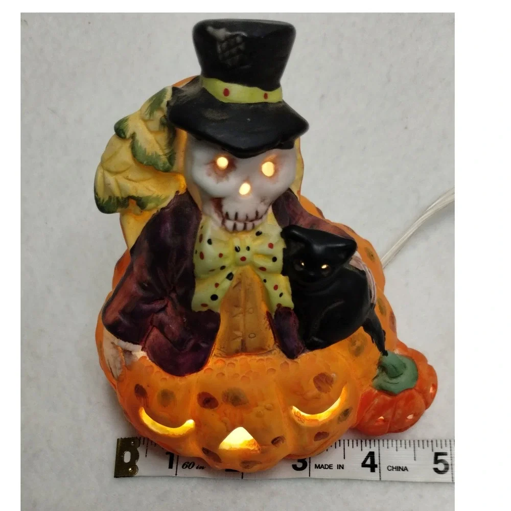 Vintage Prisco Halloween Scarecrow Cat Pumpkin Ceramic‎ Light Up Decoration